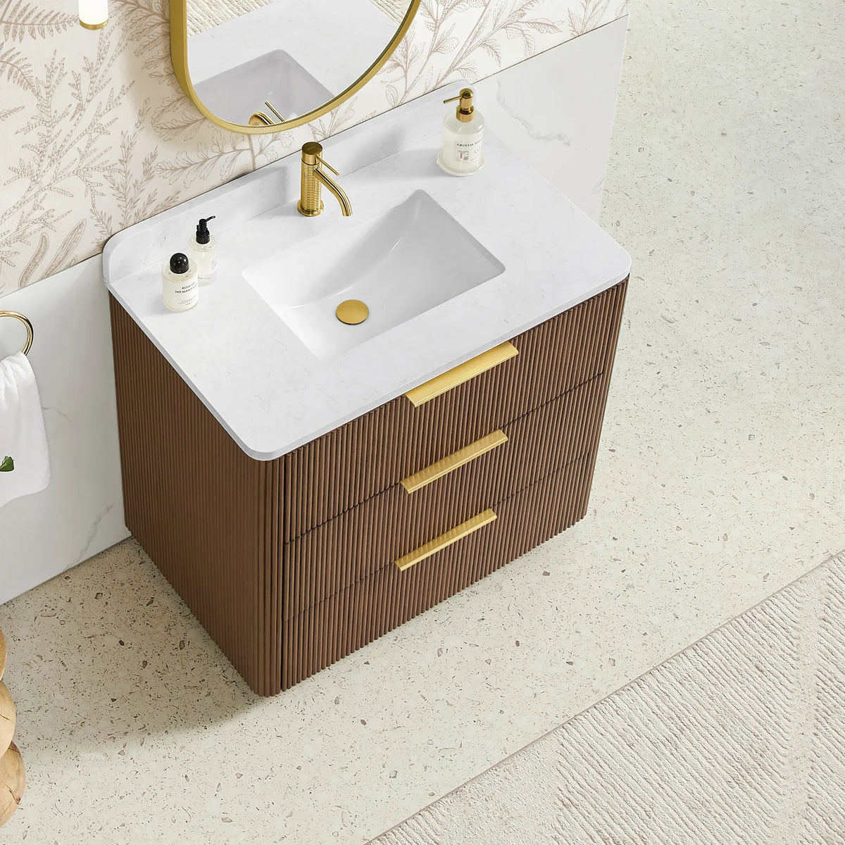 Looking down on a 36 inch Oak Light Walnut single sink vanity top with an undermount sink