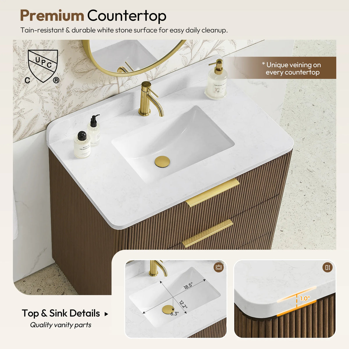 Top and sink details panel for the 36 inch Oak Light Walnut single sink vanity
