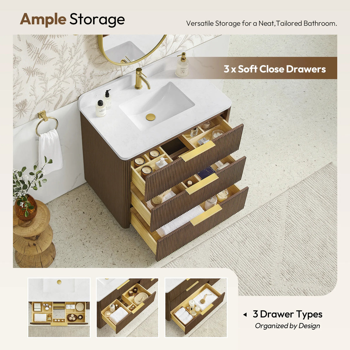 Oak Light Walnut single sink vanity with drawers open, drawer types shown in the panel below