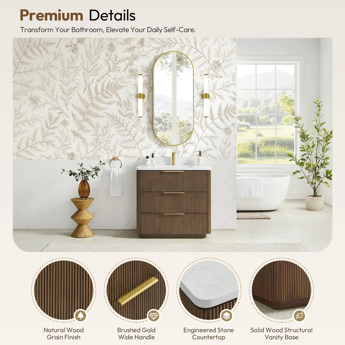Material swatches next to the 36 inch Oak Light Walnut vanity: wood grain, wide handle, countertop, base