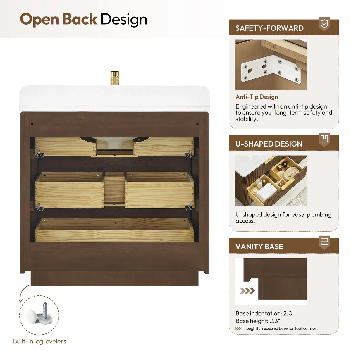 Back view of the 36 inch Oak Light Walnut vanity with a U-shaped cutout for plumbing