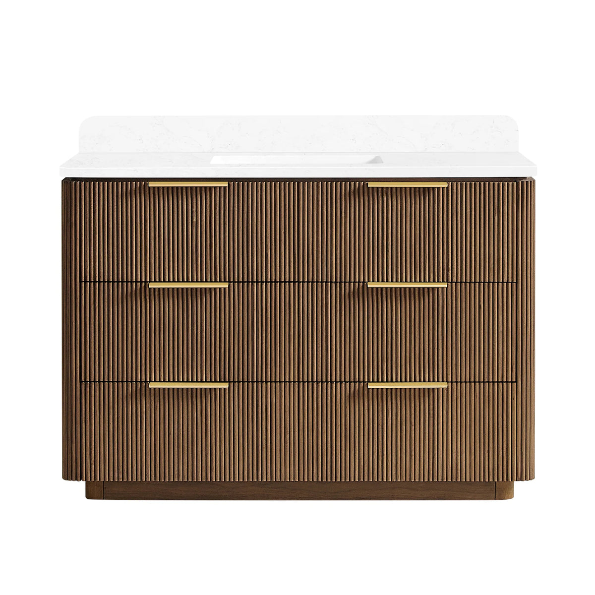 Oak Light Walnut single sink bathroom vanity, 48 inches wide, with six soft-close drawers