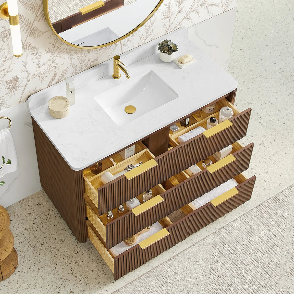 Room view with the drawers open and organized, 48 inch Oak Light Walnut single sink vanity