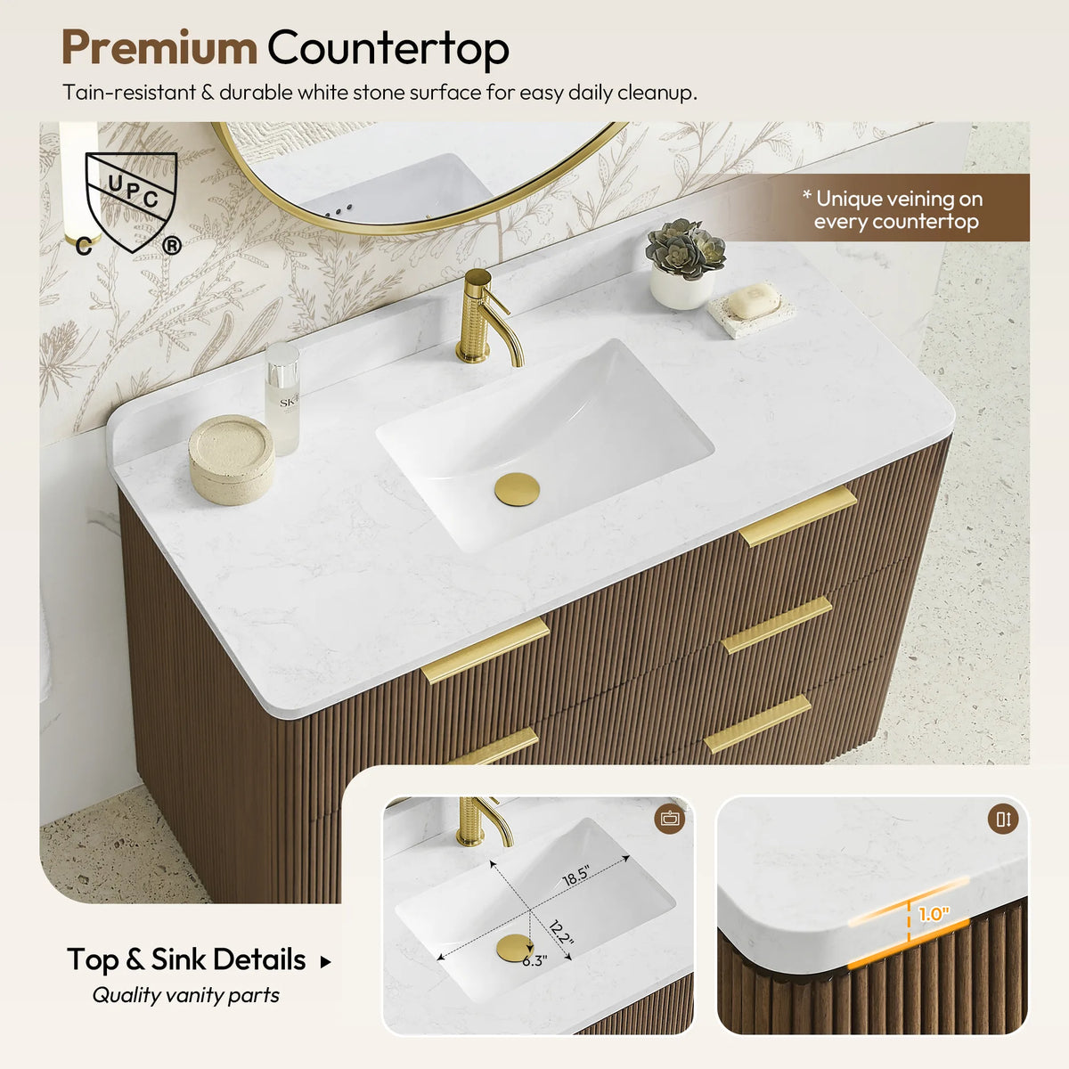 Premium countertop callout: white grain composite stone top and sink details on the 48 inch Oak Light Walnut vanity