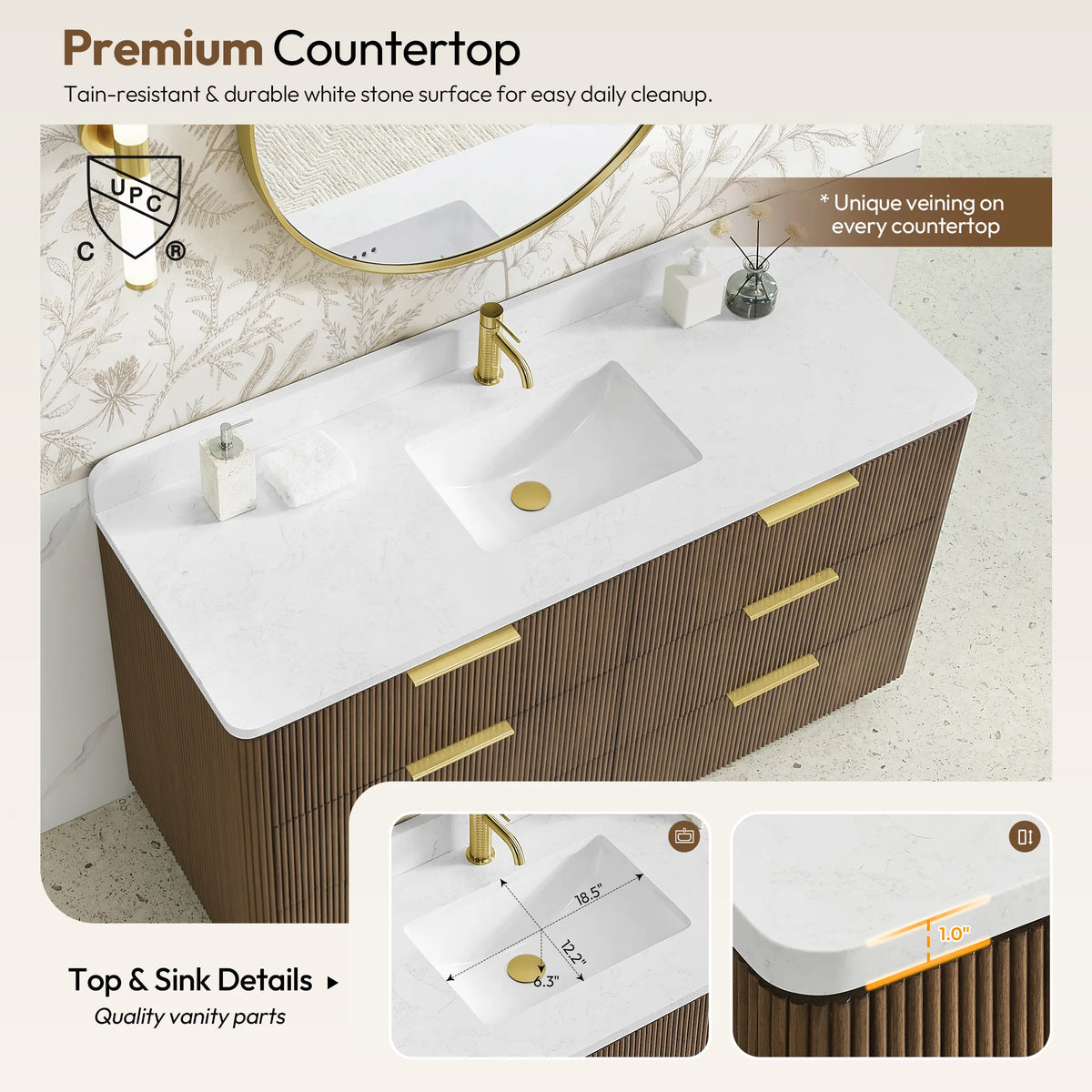 Top and sink details panel for the 60 inch Oak Light Walnut single sink vanity