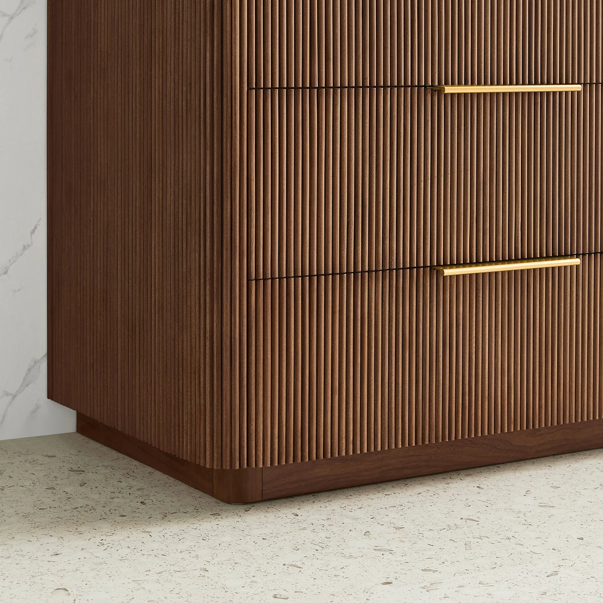 Cabinet corner of the 60 inch Oak Light Walnut vanity showing fluted fronts and the base