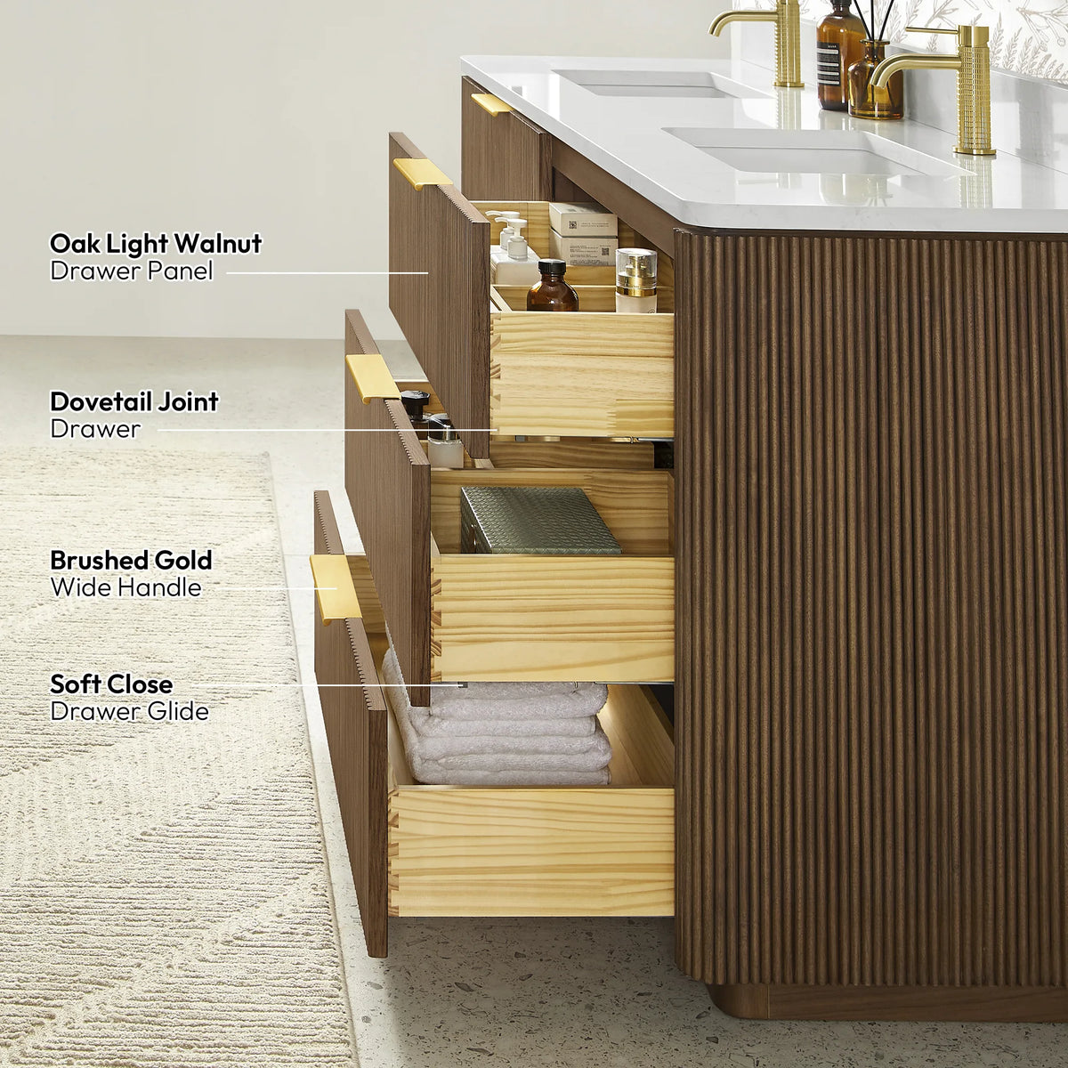 Labelled drawer details on the 60 inch Oak Light Walnut single sink vanity: soft-close glide, dovetail joint, handle