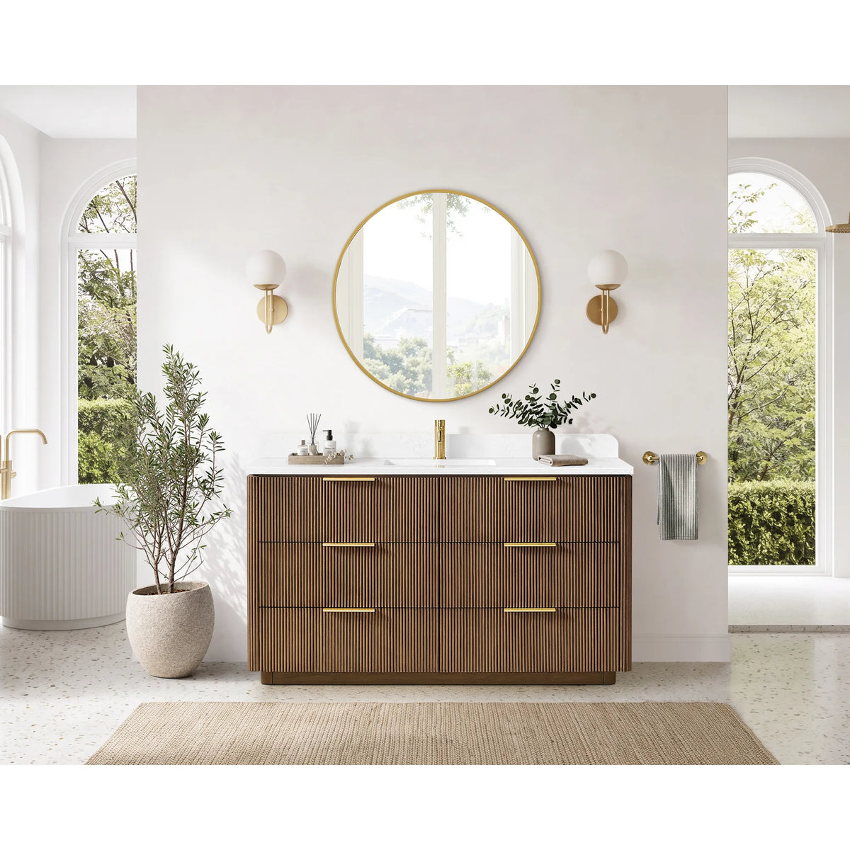 Wide room scene with a 60 inch single sink vanity, arched windows and a woven rug