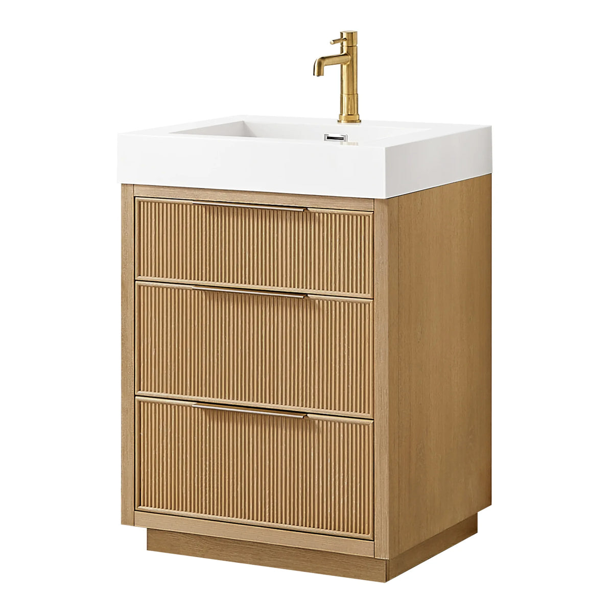 Straight-on studio view of the 24-inch single vanity with ribbed drawer fronts; the pictured faucet is not included