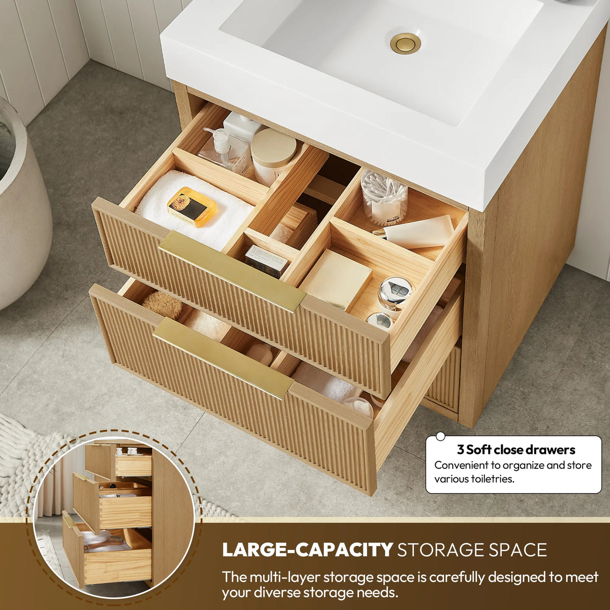Soft-close drawer detail on the 24-inch vanity, with partition storage in the open drawers and an inset of the stacked set