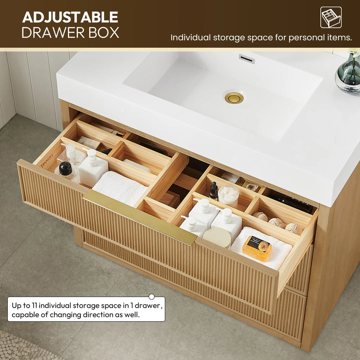 Extended drawer box with rearrangeable compartments, shown on the 36-inch Washed Ash Grey vanity