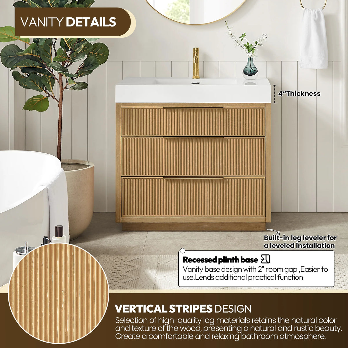 Room view of the 36-inch single vanity labeled for its recessed base, built-in leveler and ribbed front pattern