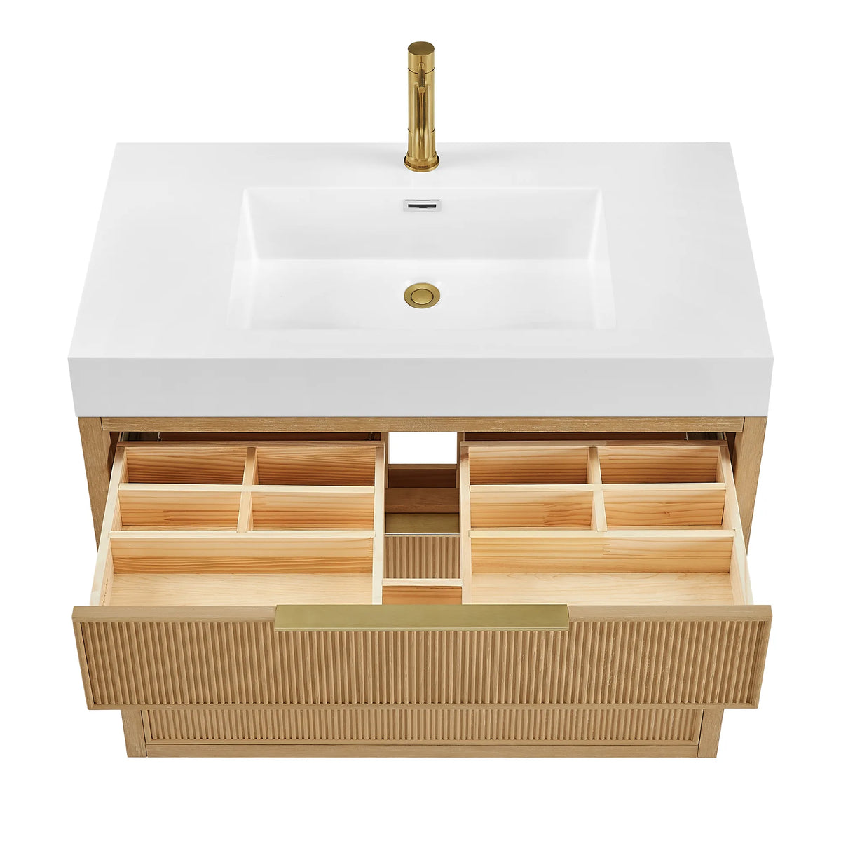 Overhead studio angle of the 36-inch vanity showing a drawer fully open, compartments inside; faucet not included