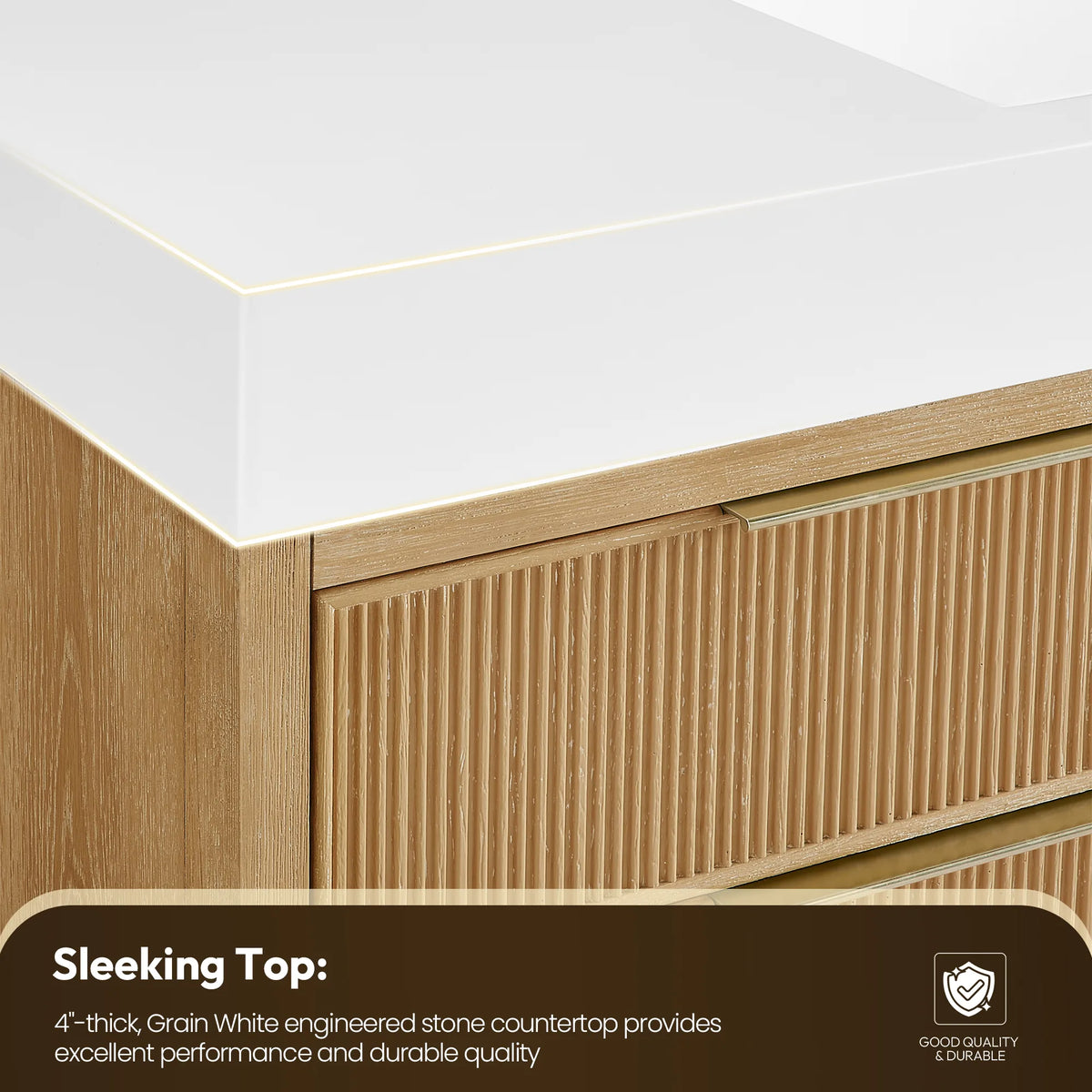 Close view where the thick white top meets the ribbed cabinet on the 48-inch size