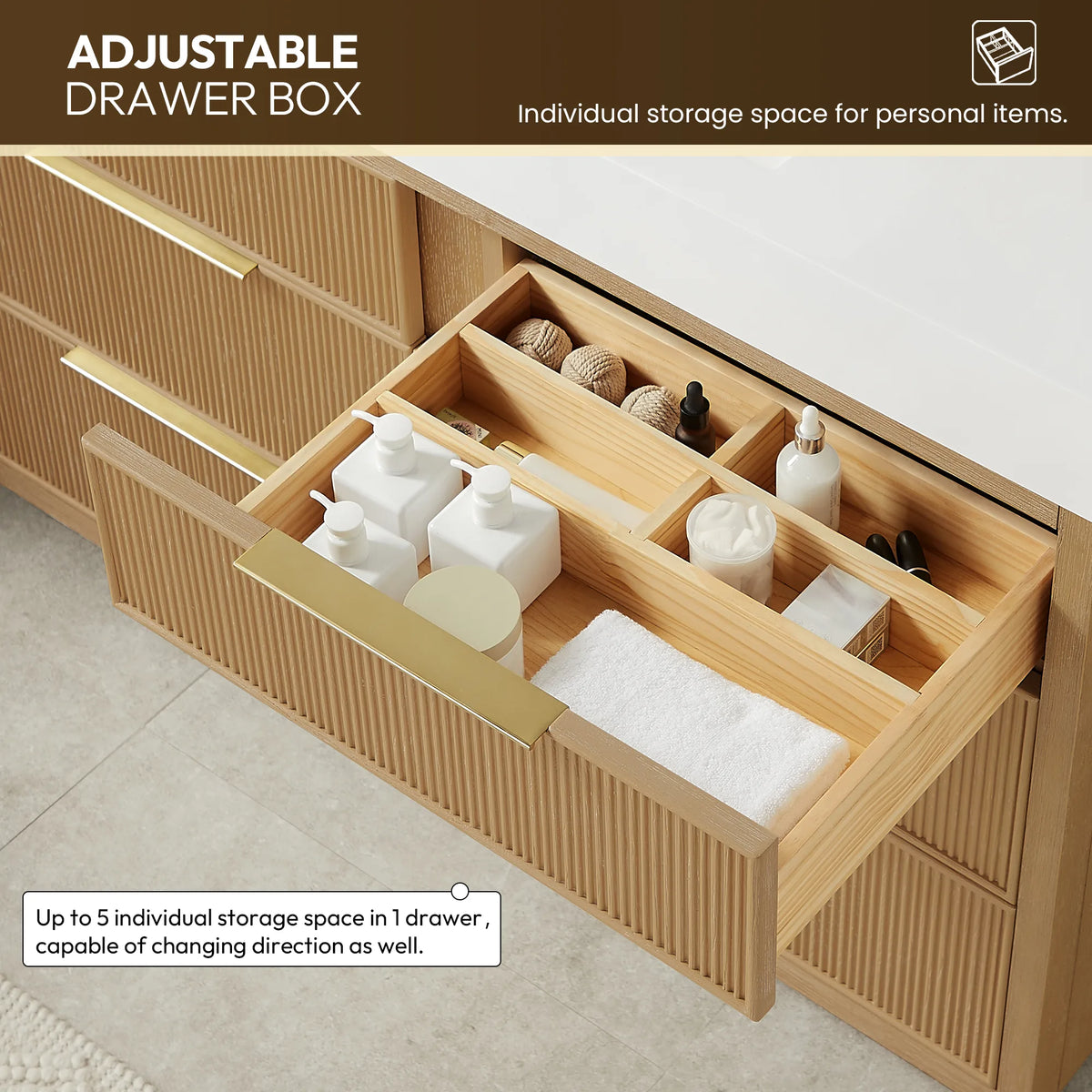 Extended drawer with movable compartments and a folded towel, shown on the 48-inch Washed Ash Grey vanity