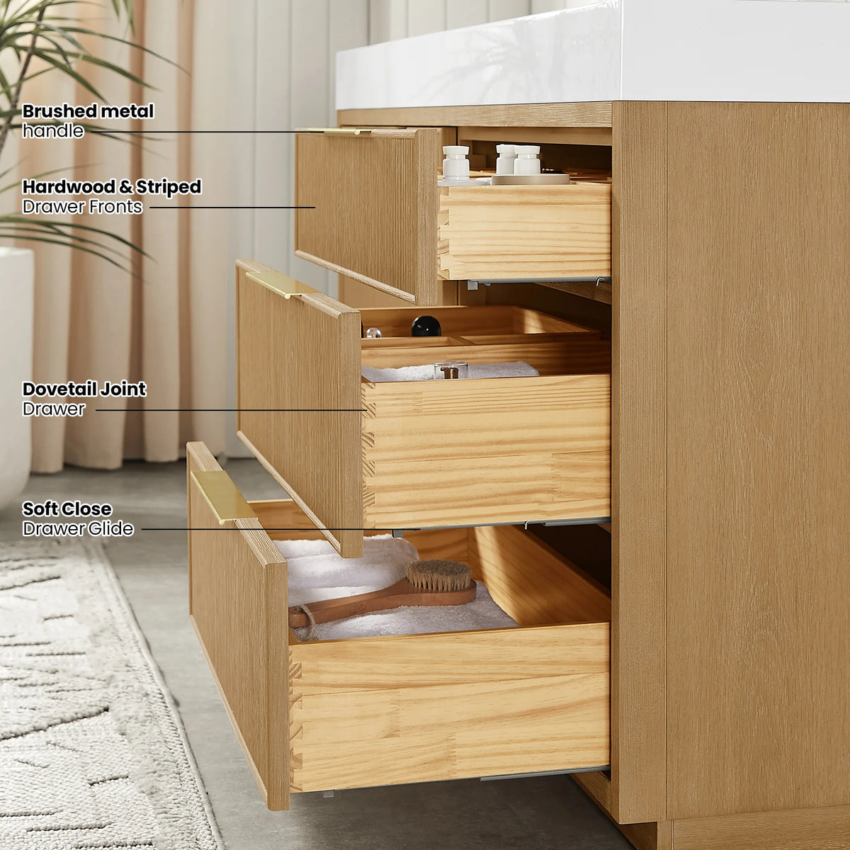 Labeled view of the 48-inch vanity's drawers, naming the brushed metal handle, dovetail joint and drawer glide