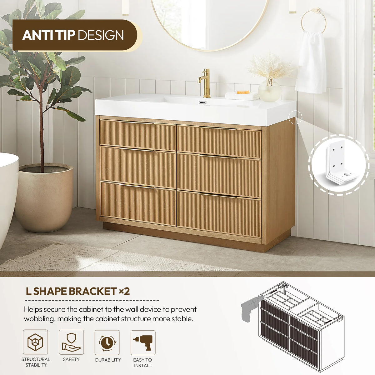 Anti-tip callout for the 48-inch vanity, with a drawing of the L-shaped bracket fixed to the wall