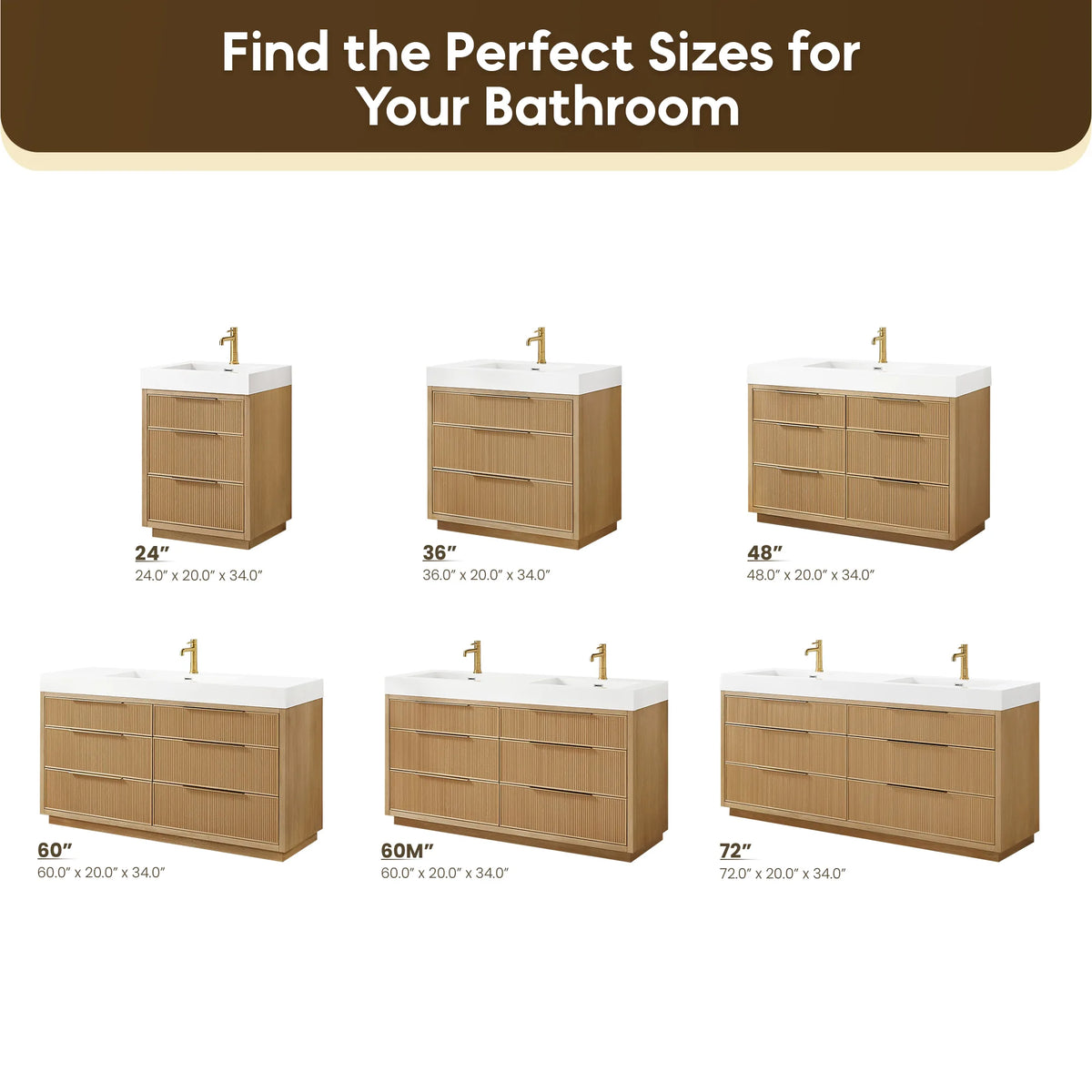 Overview of every width offered in this vanity range, drawn side by side with their measurements