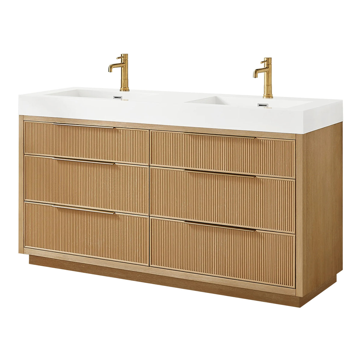 Straight-on studio shot of the wide 60-inch double vanity; the pictured faucets are sold apart