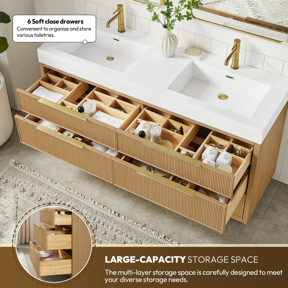 Pulled-out drawers on the wide 60-inch double vanity, organized trays inside and an inset of stacked drawers