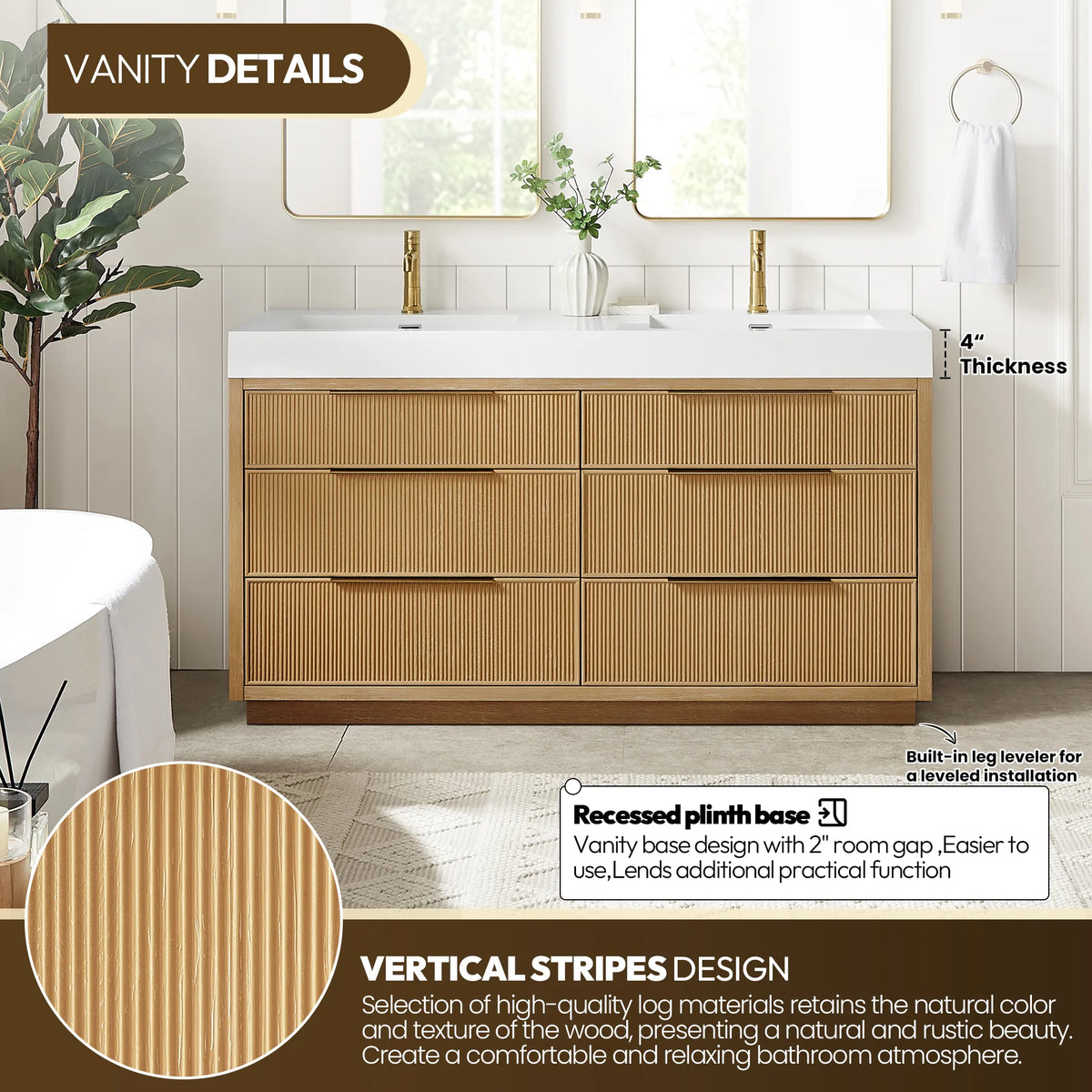 Room view of the 60-inch double vanity with callouts on the recessed plinth base, built-in leg leveler and ribbed drawers