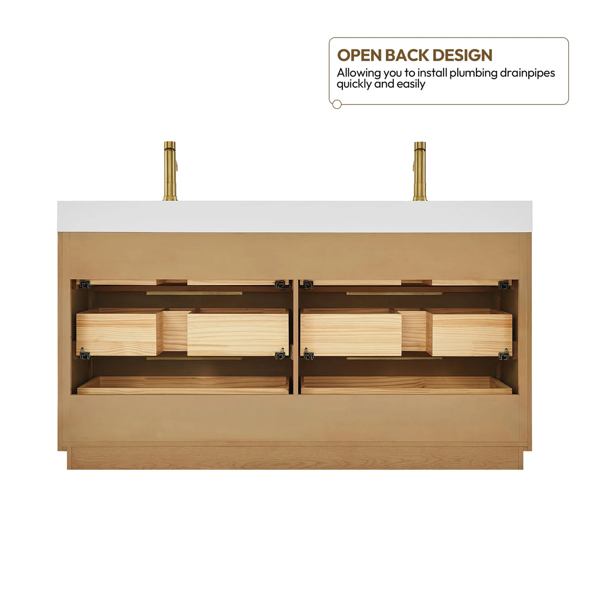 Rear view of the 60-inch double cabinet, open at the back, with a gap left for drain lines