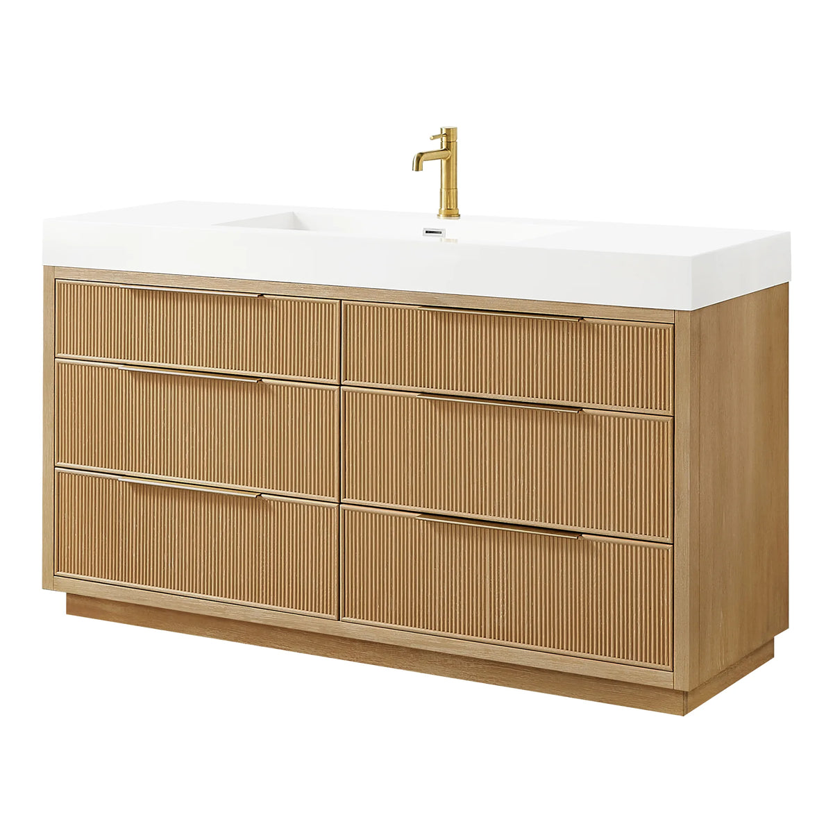 Angled studio shot of the wide 60-inch single vanity, six ribbed drawers and a one-piece white top; faucet is separate
