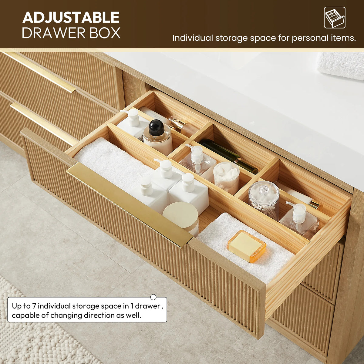 Extended drawer with movable compartments, holding bottles and jars plus soap, on the 60-inch Washed Ash Grey vanity