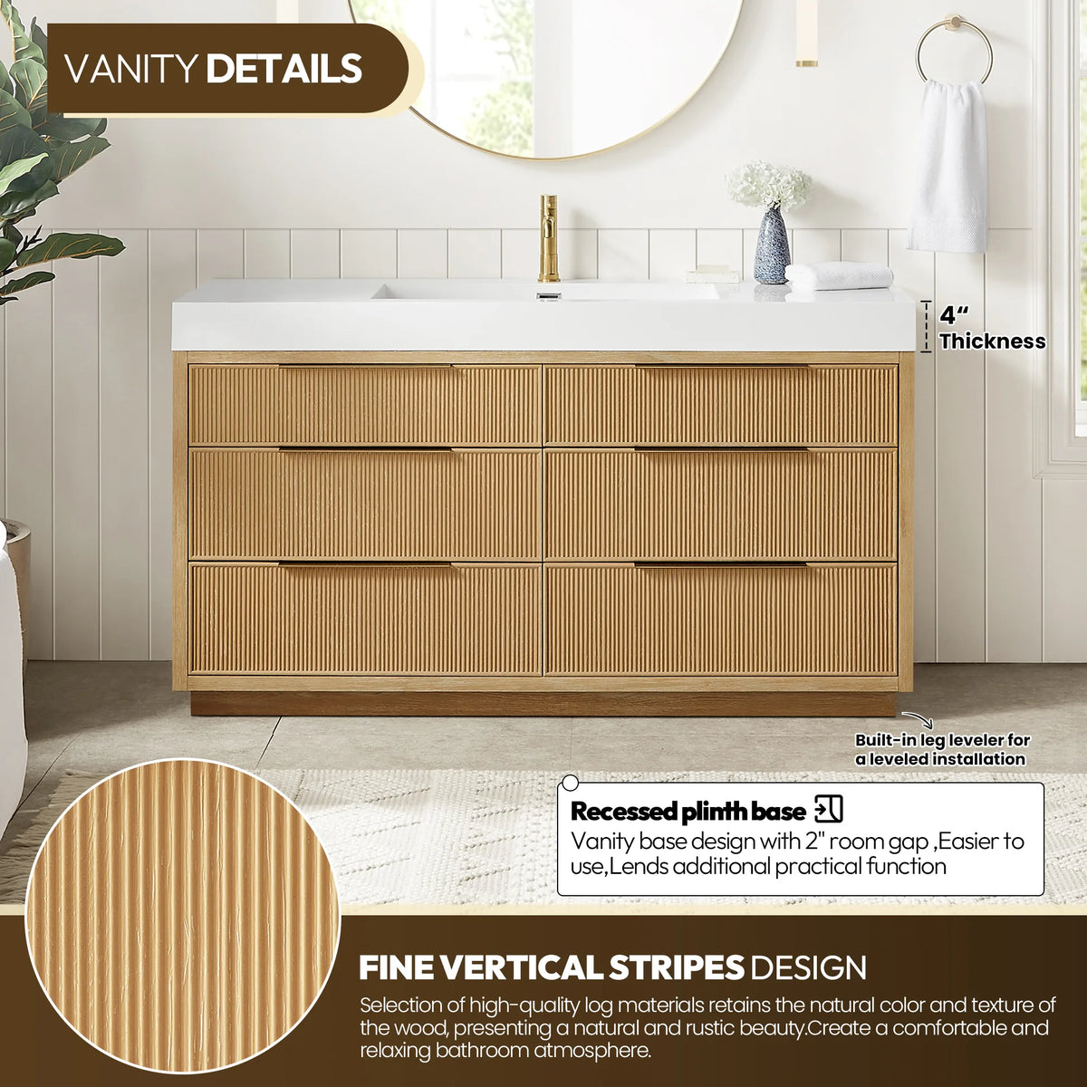 Room view of the 60-inch single vanity with notes on the leg leveler, recessed plinth base and fine vertical stripes