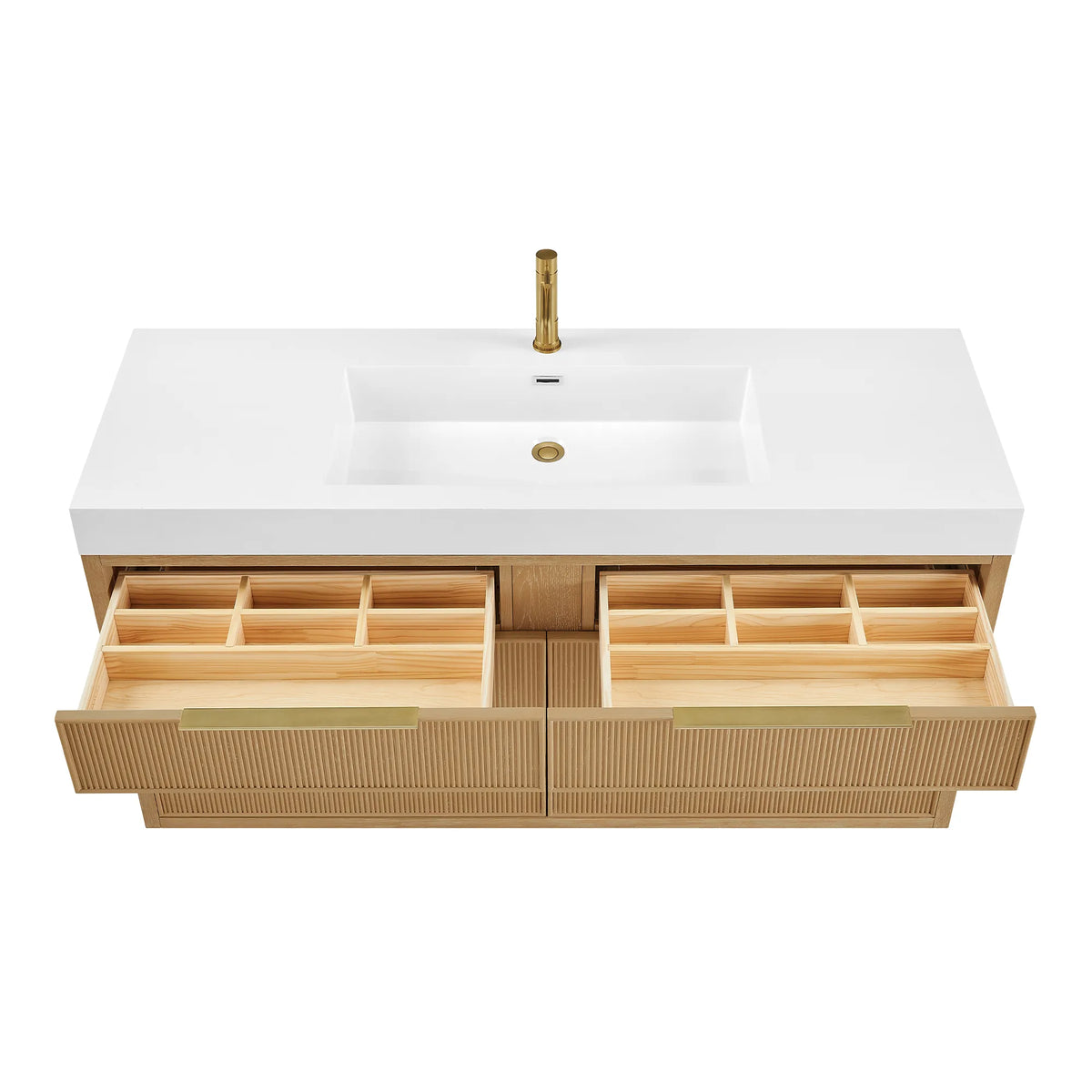 High-angle shot of the 60-inch single vanity showing both top drawers pulled out; the gold faucet pictured is not included