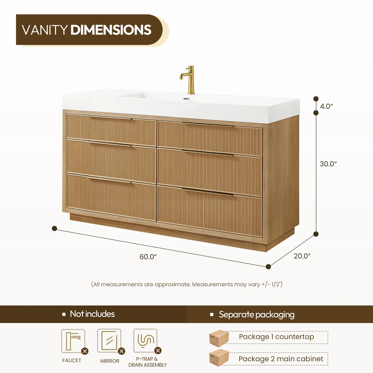 Measured diagram of the 60-inch single vanity, with the faucet, mirror, P-trap and drain assembly listed as not included