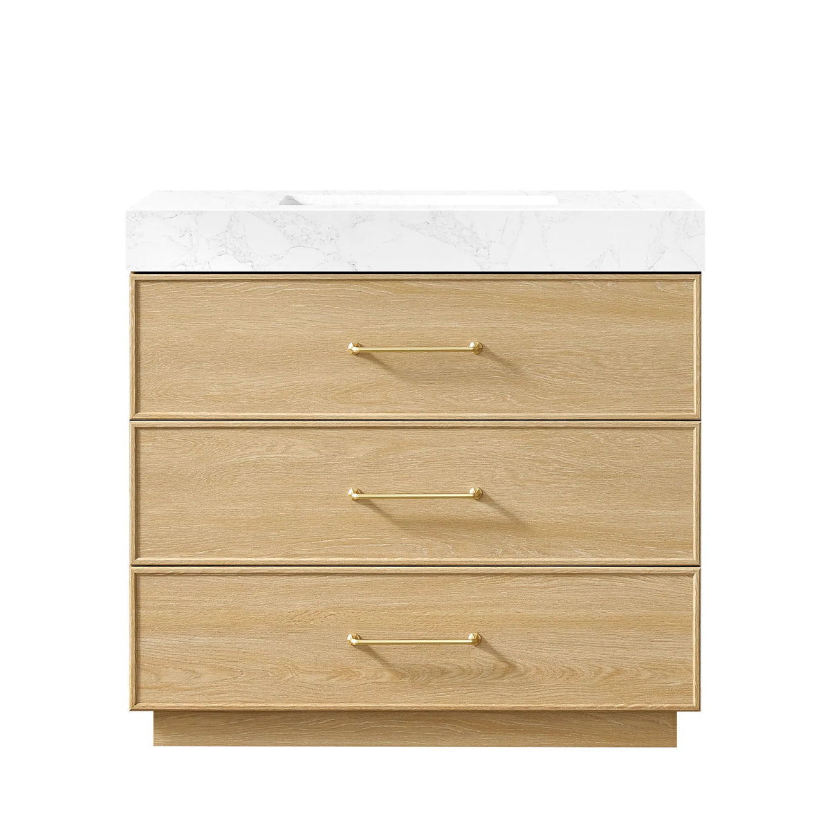 Dark Oak 36 inch single sink bathroom vanity with three drawers, brushed gold handles and a stone top, white background