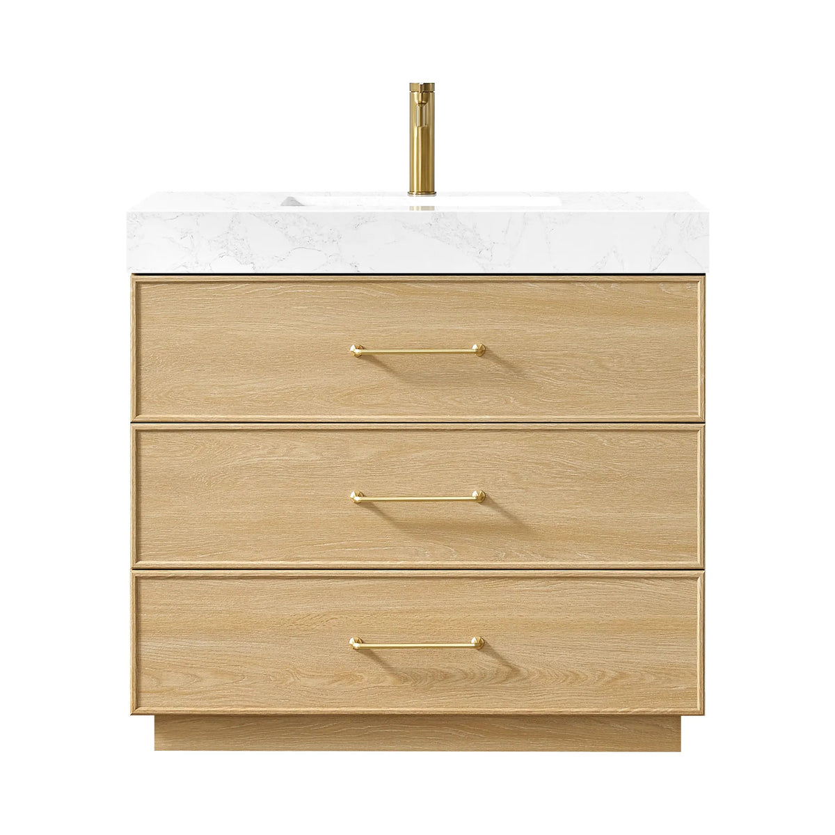 36 inch vanity on white with a gold faucet pictured (faucet not included)