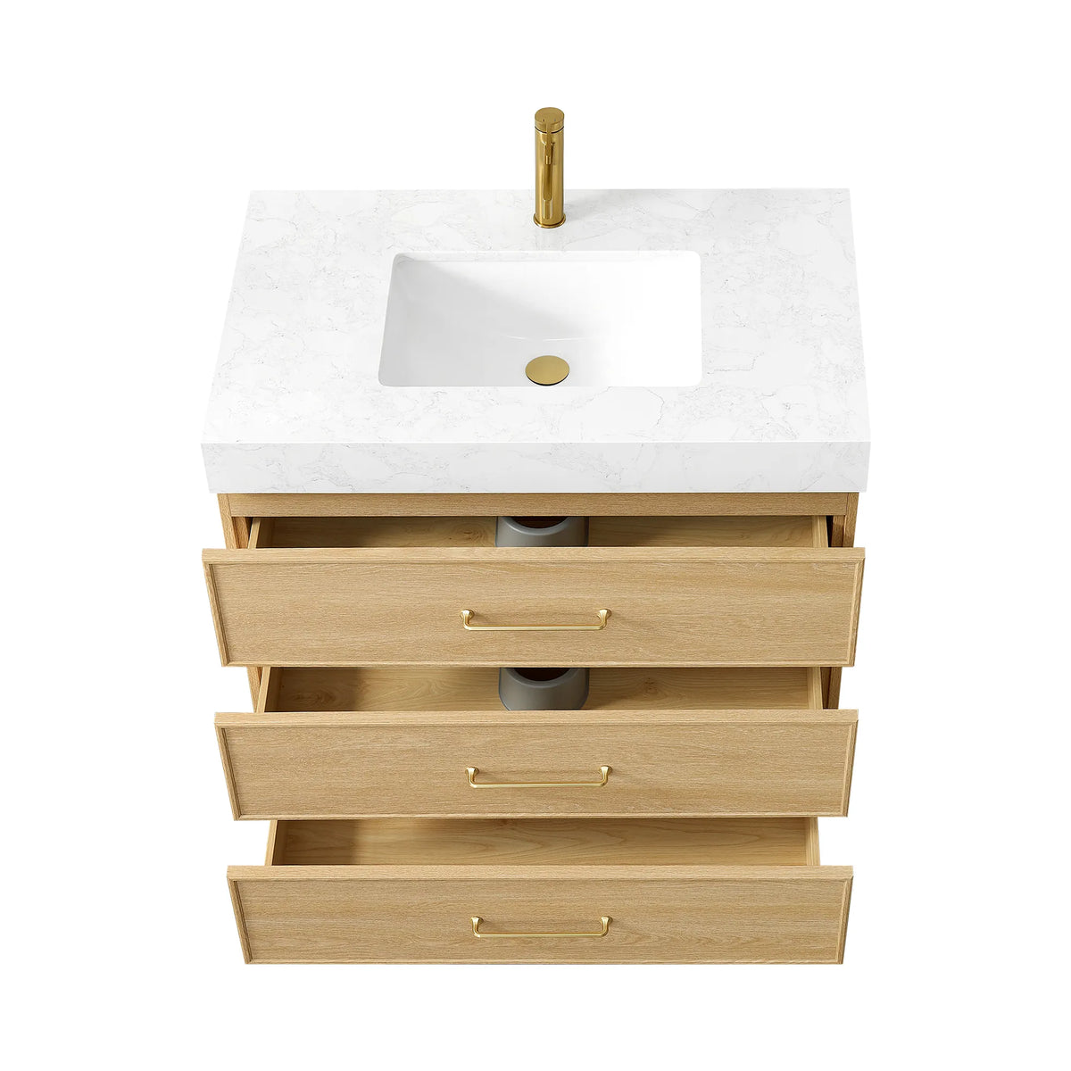 Open drawers on the Dark Oak vanity, seen from above the stone top and the undermount sink