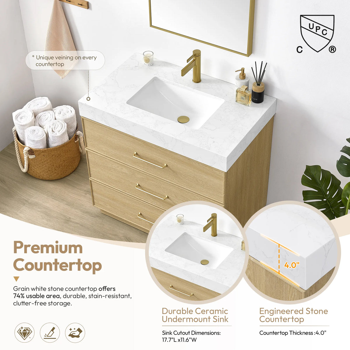 Feature panel on the stone countertop and ceramic undermount sink, with a close-up of the top edge
