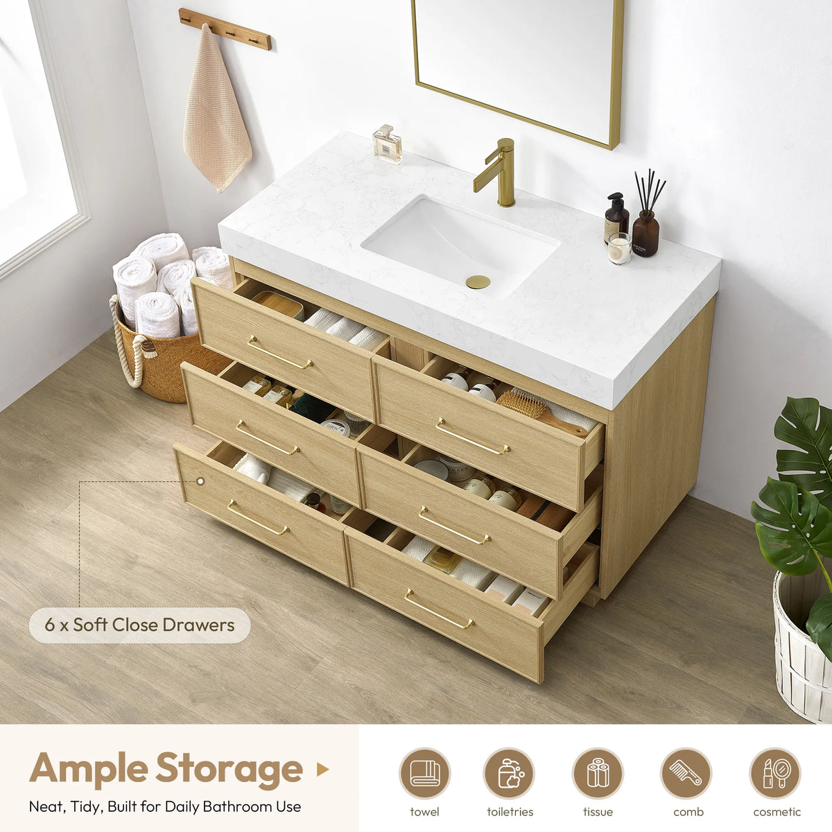 Soft-close drawer feature panel: 48 inch vanity with six drawers pulled out