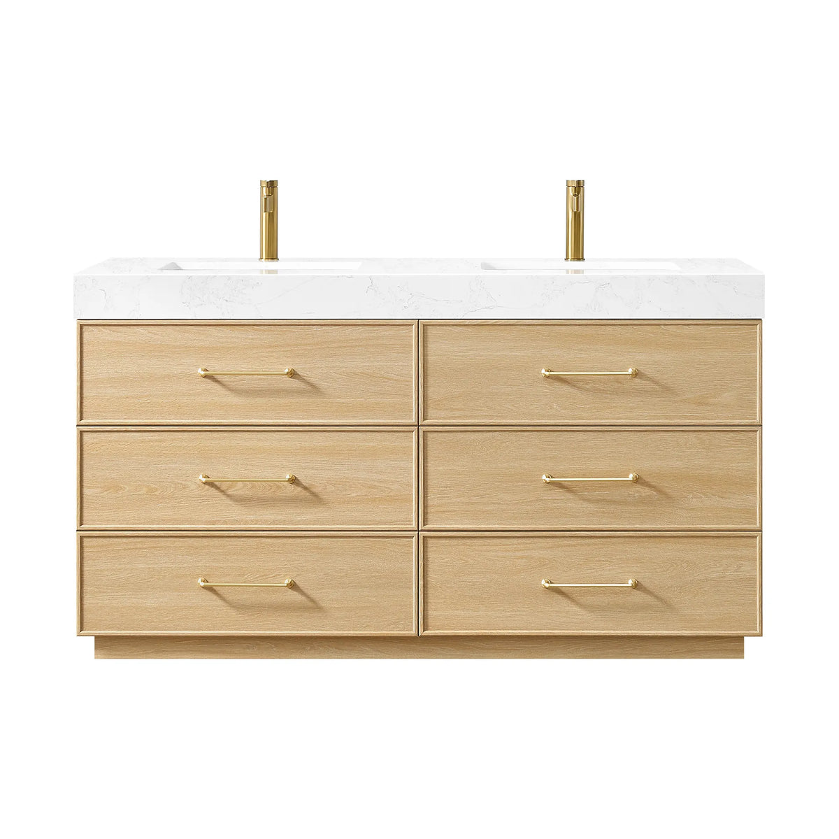 Front view of the 60 inch Dark Oak double vanity on white, with gold faucets pictured but not included