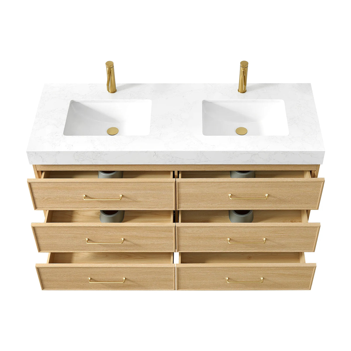 Open drawers on the Dark Oak vanity, seen from above the stone top and both undermount sinks