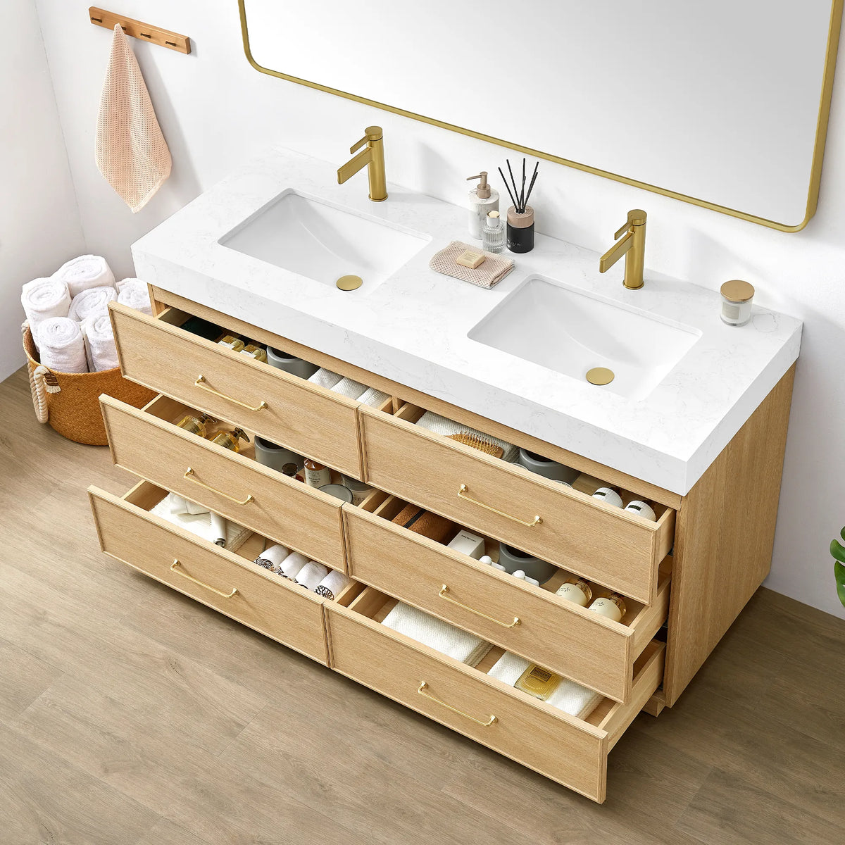 Angled view of the 60 inch vanity with every drawer open to show the interior space
