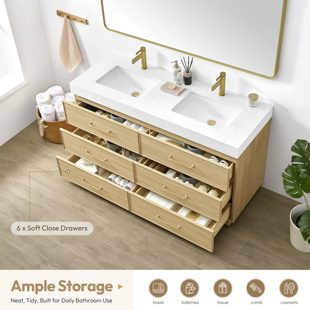 Soft-close drawer feature panel: 60 inch vanity with six drawers pulled out