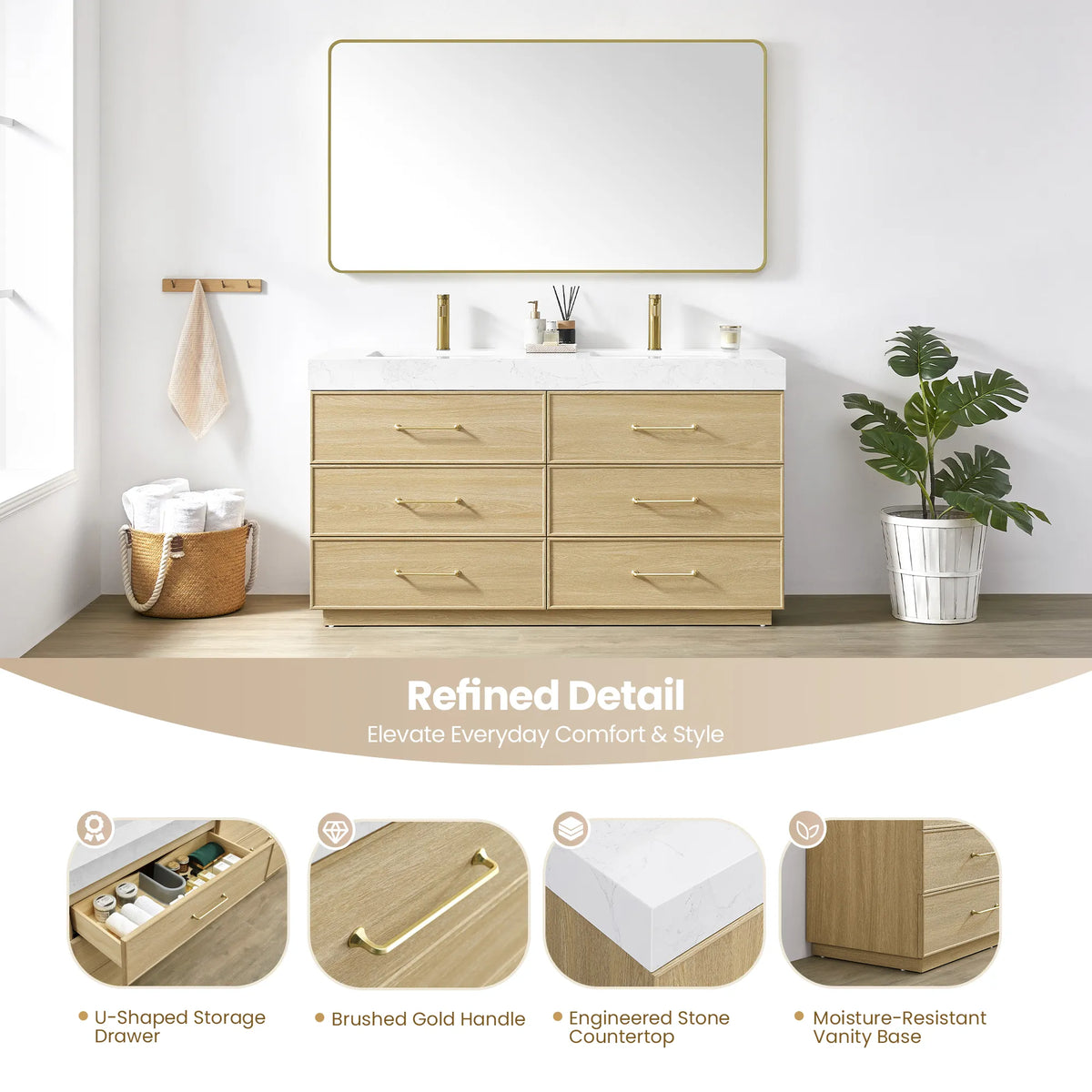 Detail panel pairing a bathroom view with close-ups of drawer, gold handle, stone top and base