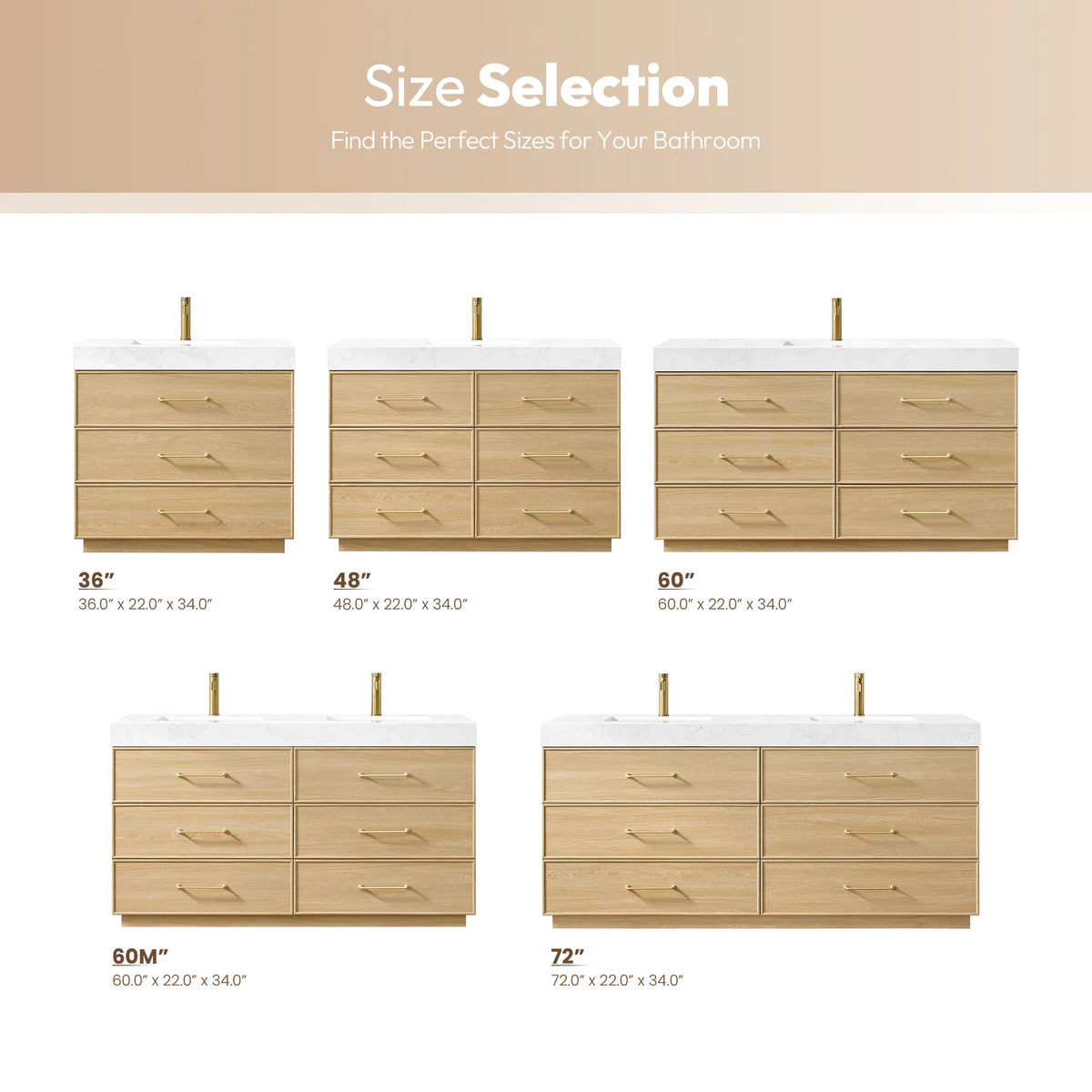Chart of the five available vanity sizes with their widths, depths and heights