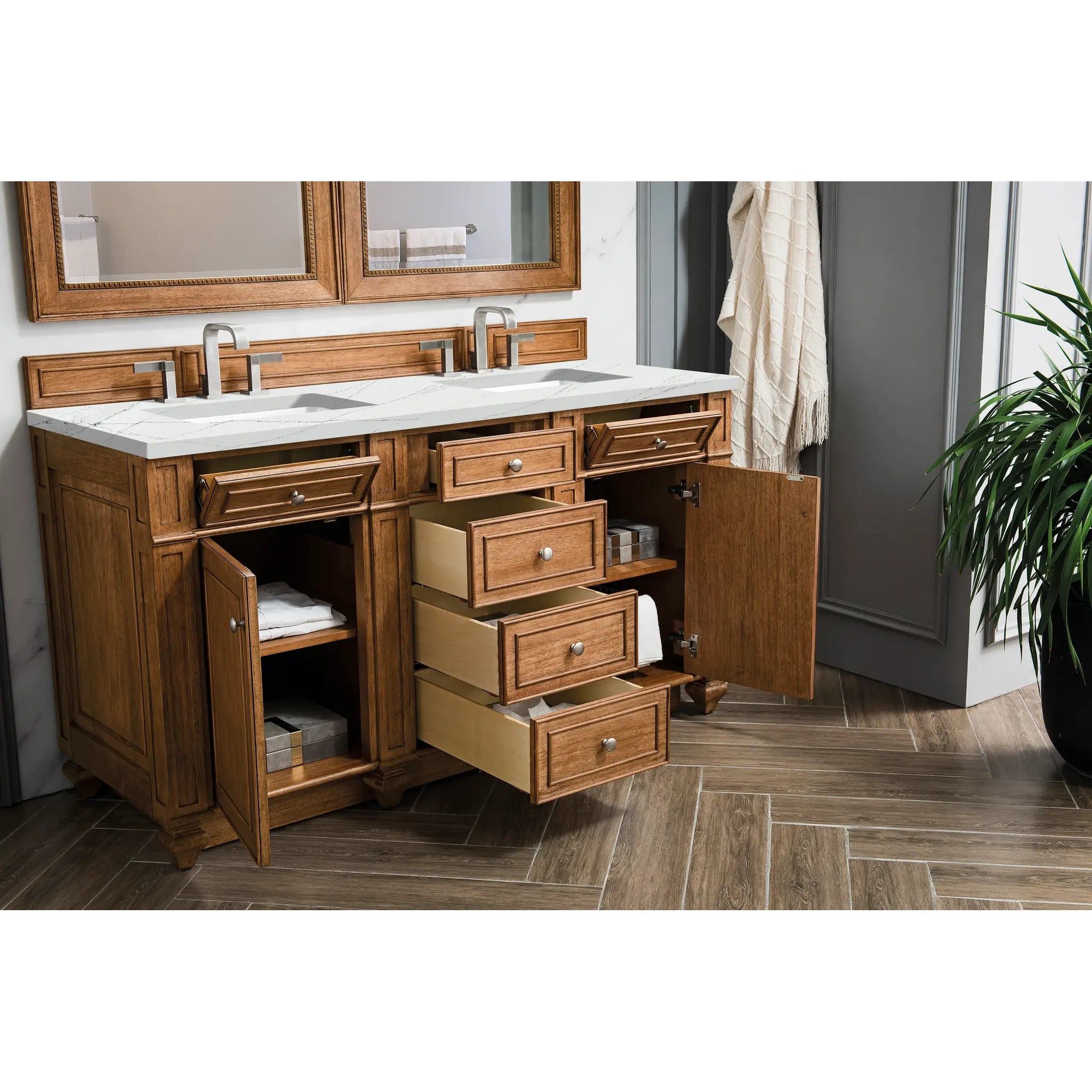 Bristol 60" Double Vanity in Saddle Brown w/FreePower Wireless Charger-Ethereal Noctis Silestone-8" Widespread image 6
