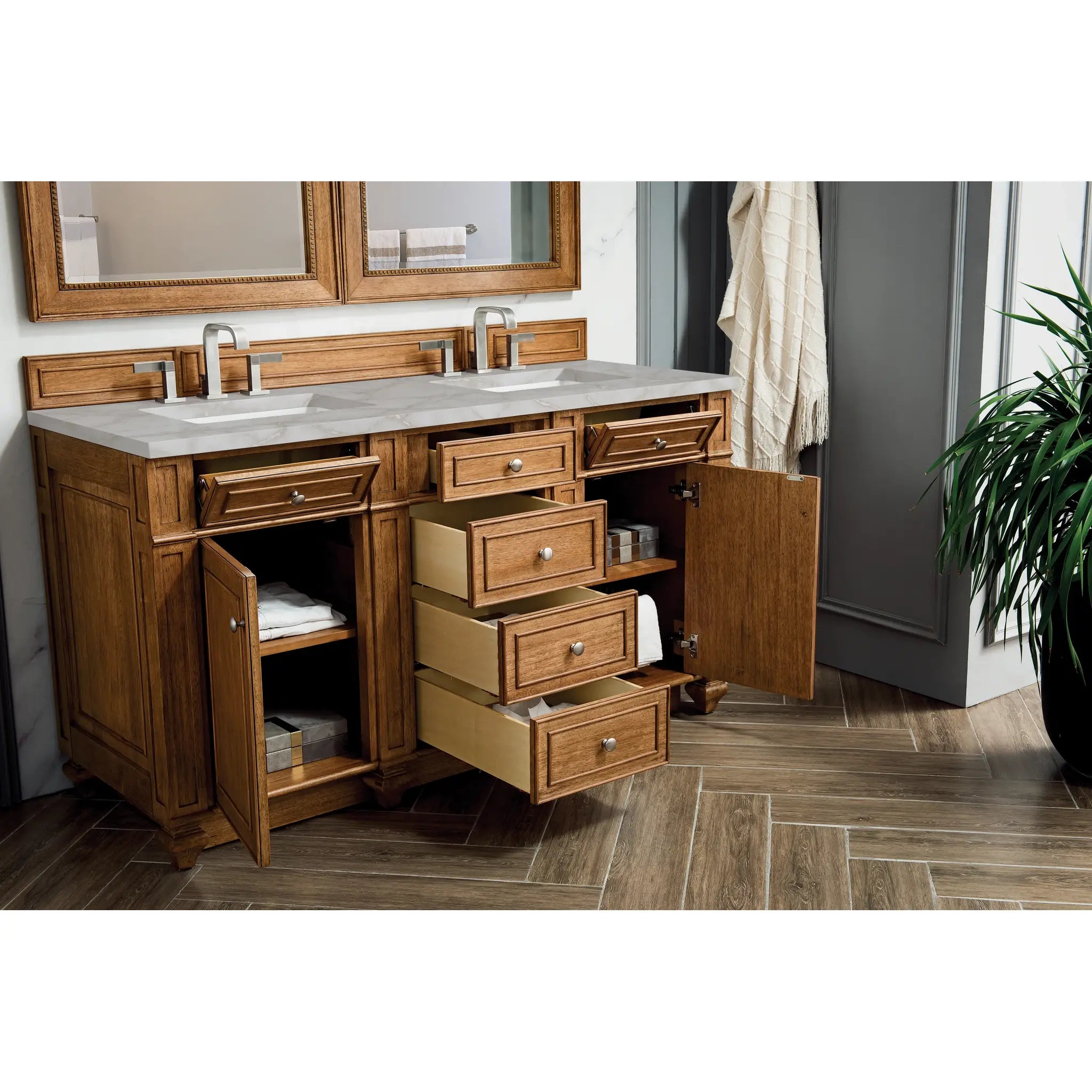 Bristol 60" Double Vanity in Saddle Brown w/FreePower Wireless Charger-Victorian Silver Silestone-8" Widespread image 6