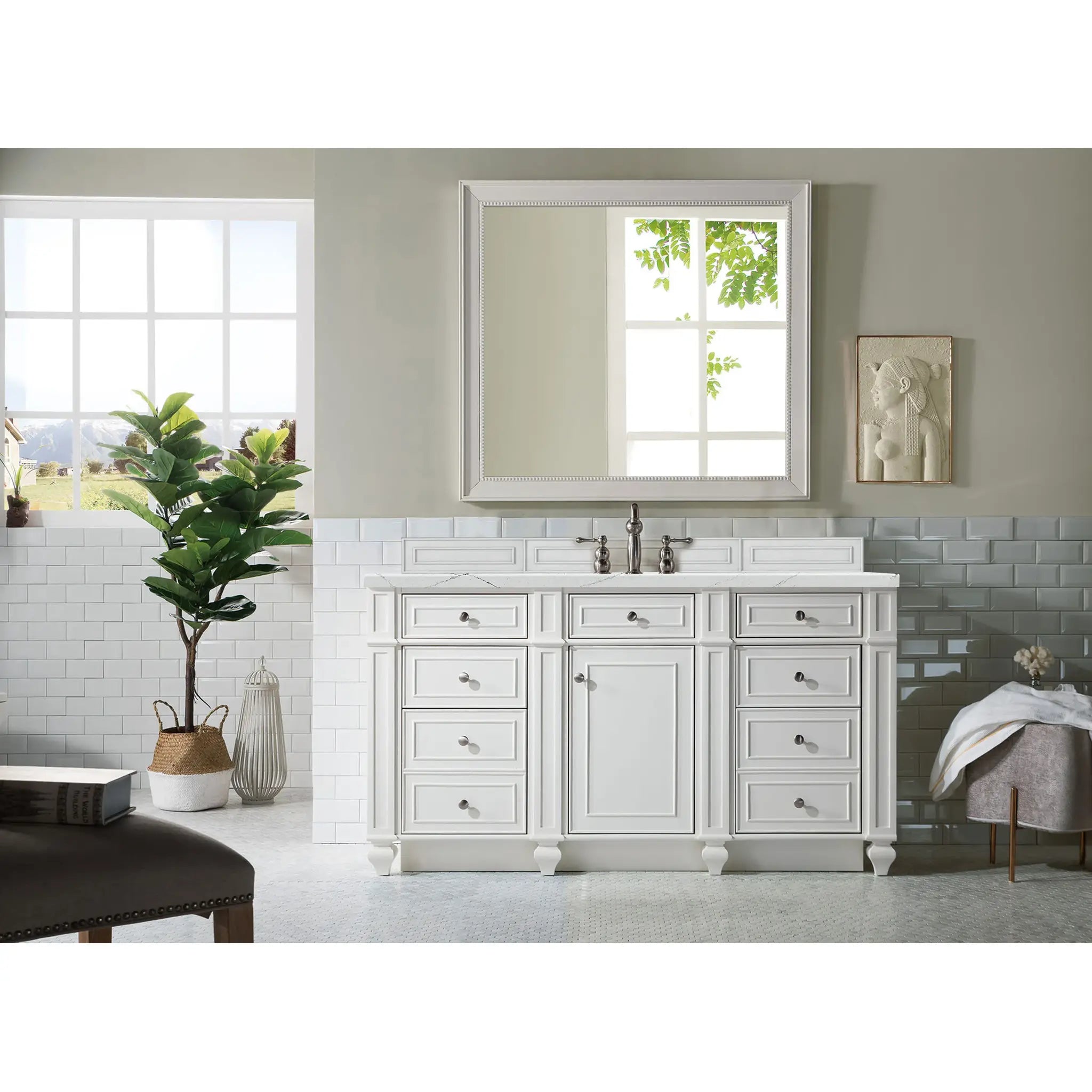 Bristol 60" Single Vanity in Bright White w/FreePower Wireless Charger-Ethereal Noctis Silestone-8" Widespread image 4