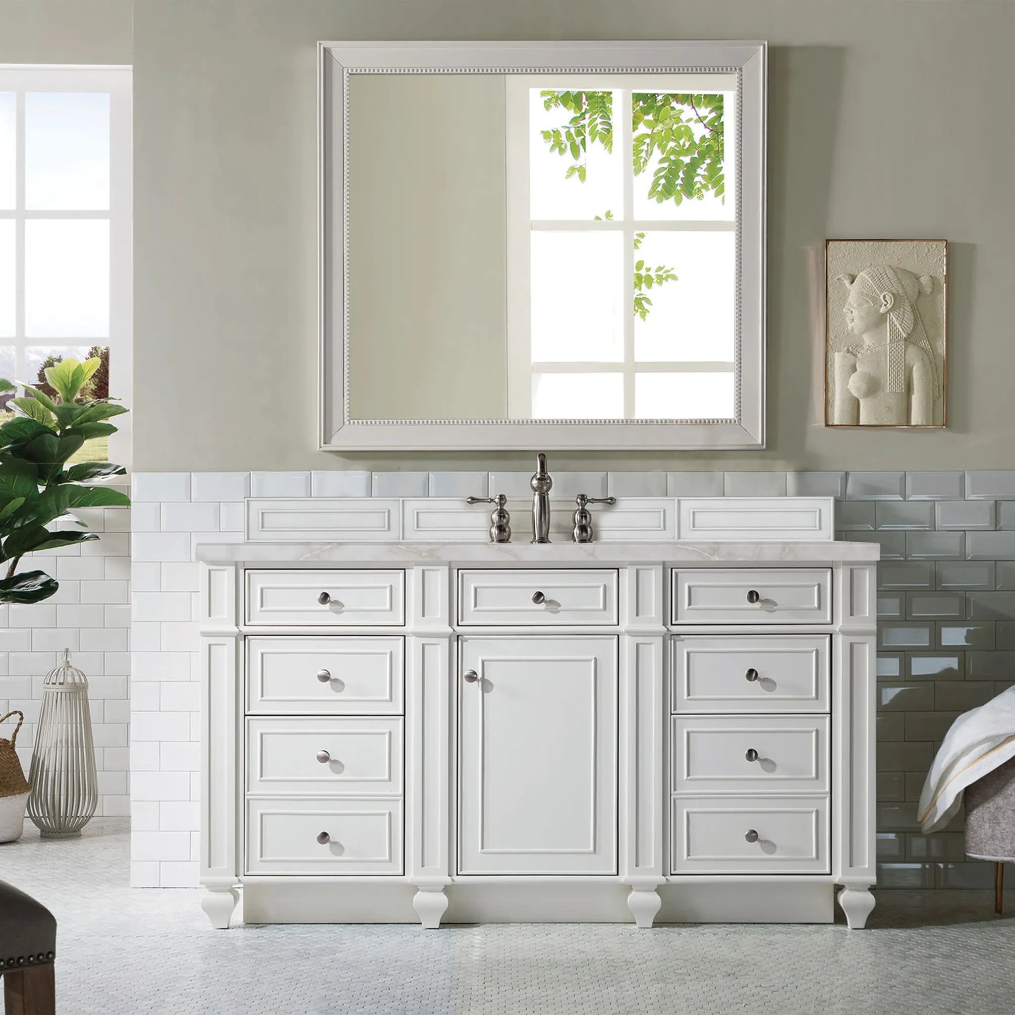 Bristol 60" Single Vanity in Bright White w/FreePower Wireless Charger-Victorian Silver Silestone-8" Widespread image 4