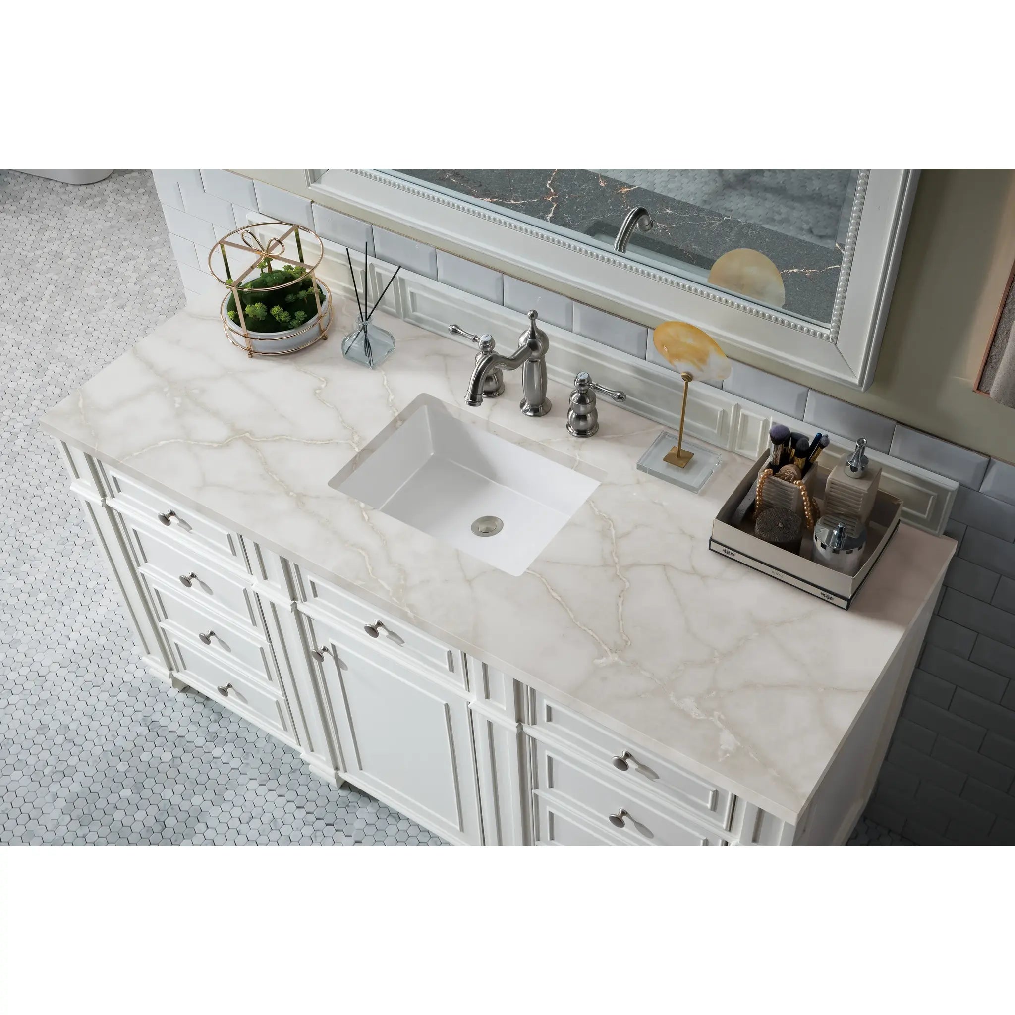 Bristol 60" Single Vanity in Bright White w/FreePower Wireless Charger-Victorian Silver Silestone-8" Widespread image 7