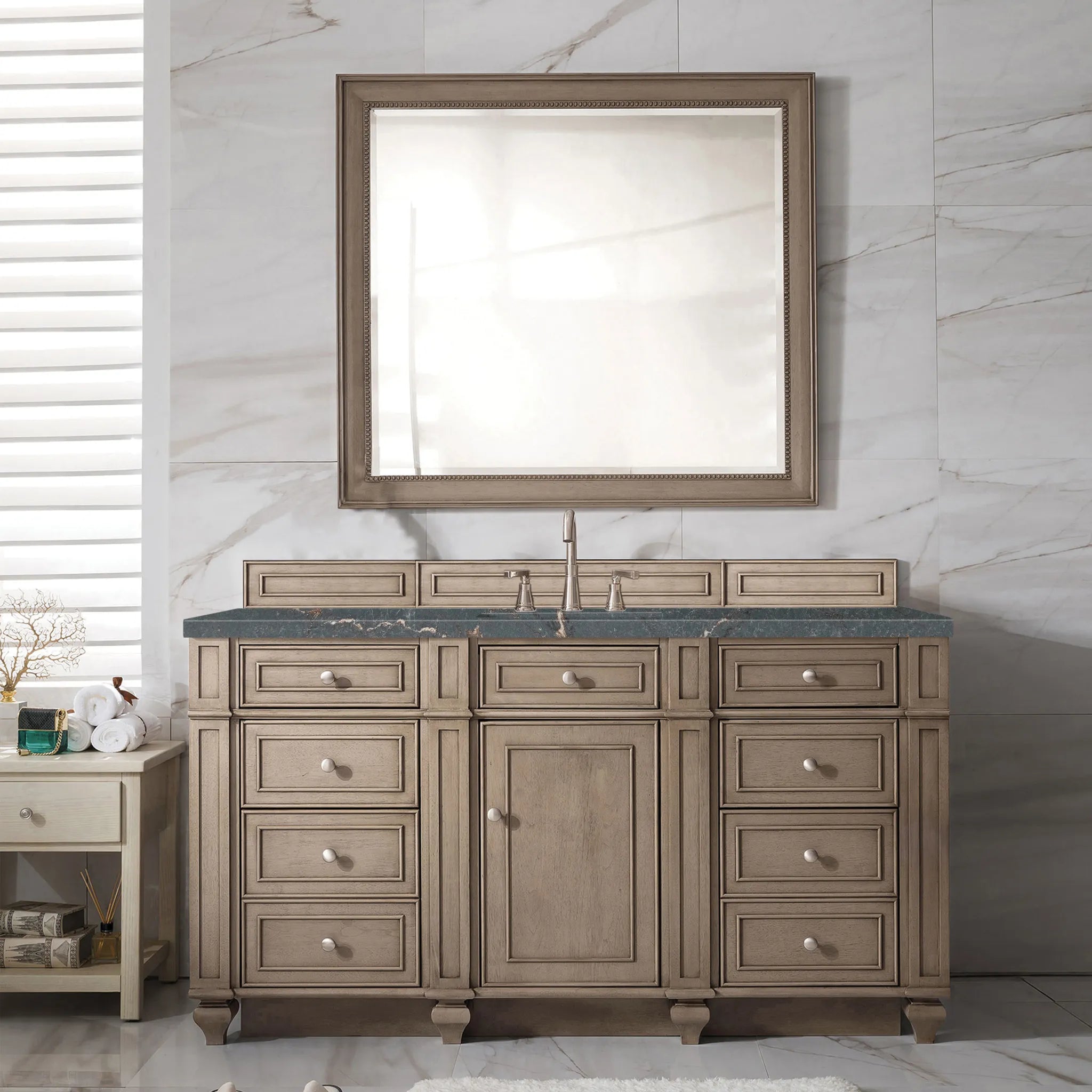 Bristol 60" Single Vanity Whitewashed Walnut w/FreePower Wireless Charger-Parisien Bleu Silestone-8" Widespread image 4