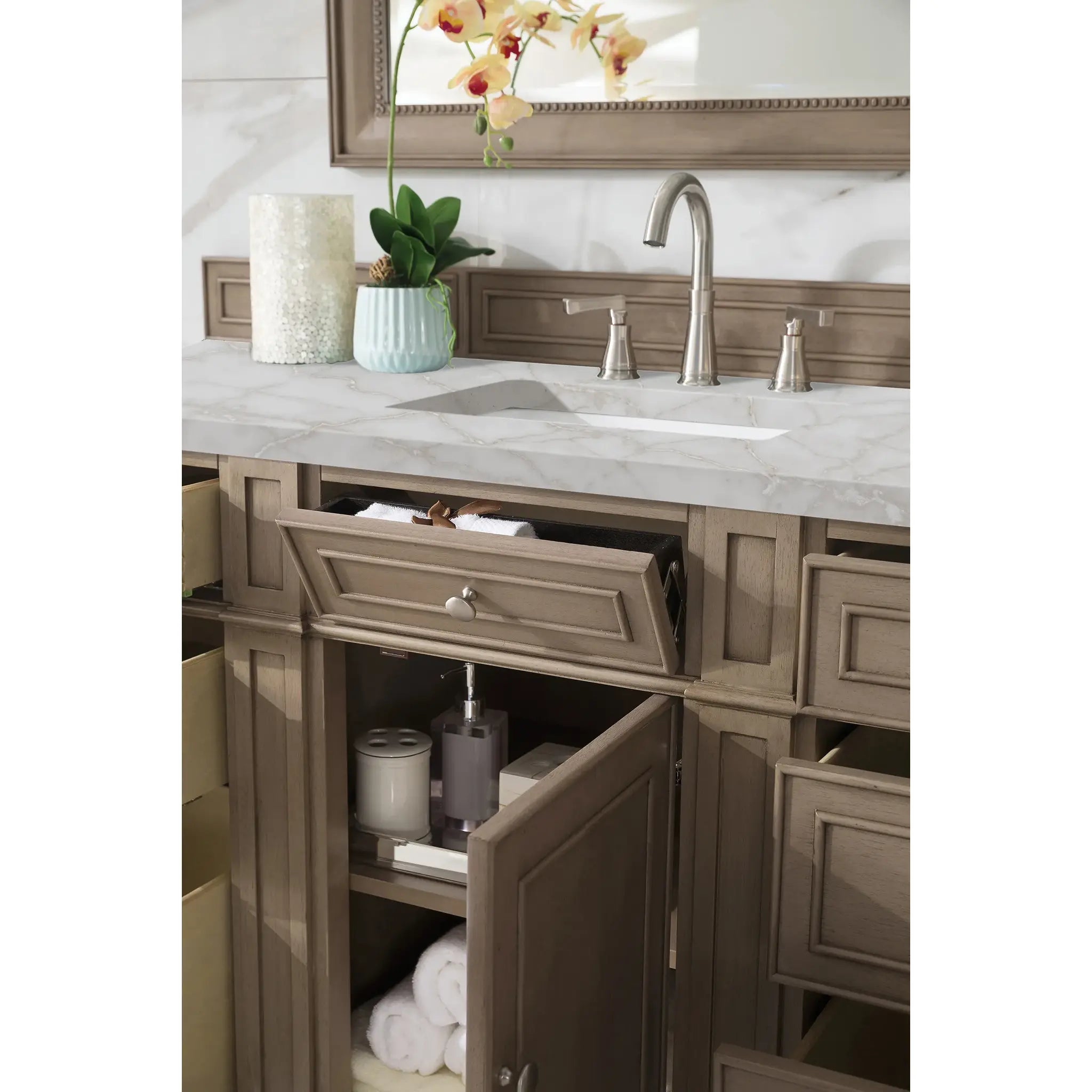 Bristol 60" Single Vanity Whitewashed Walnut w/FreePower Wireless Charger-Victorian Silver Silestone-8" Widespread image 5