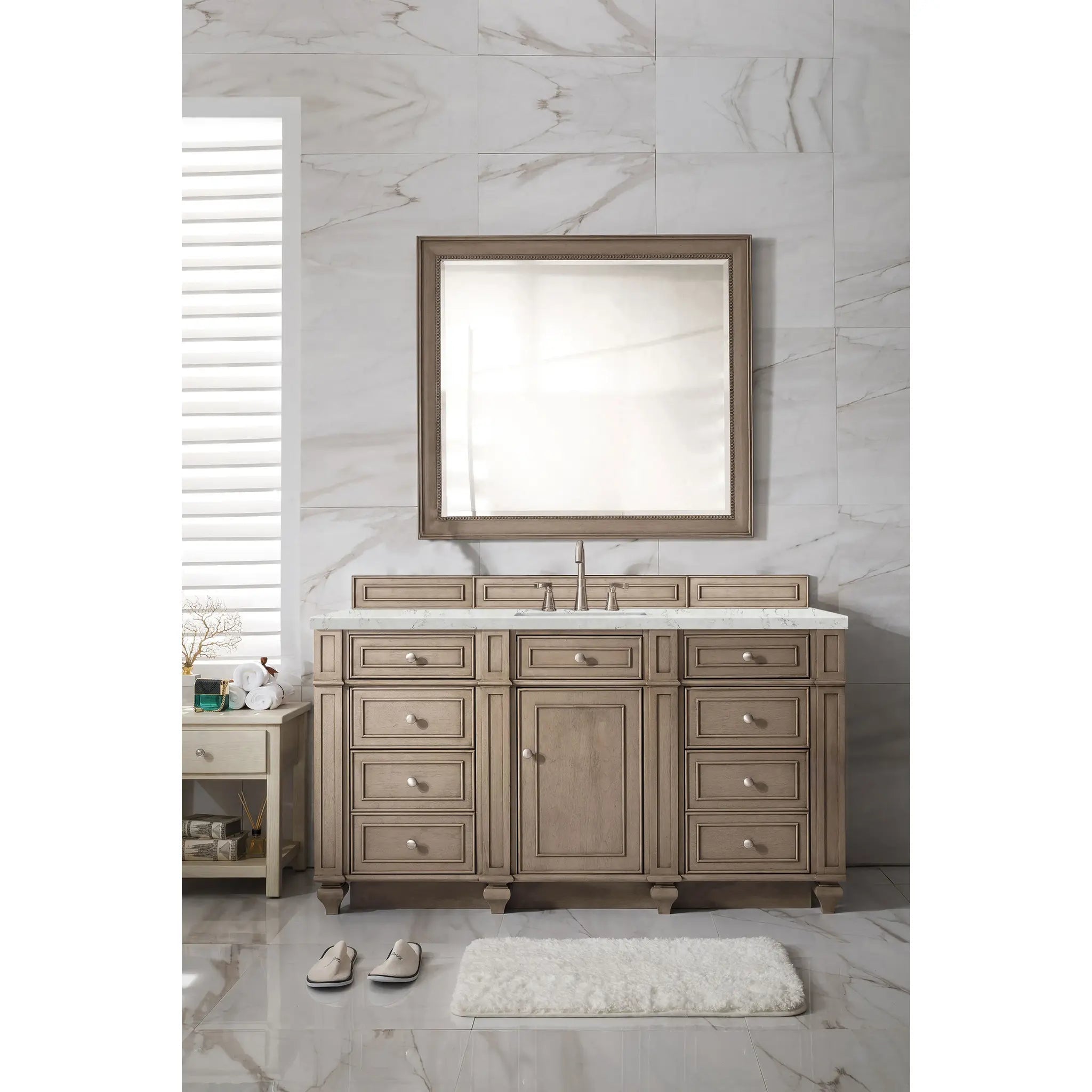 Bristol 60" Single Vanity Whitewashed Walnut Wireless Charger-Eternal Jasmine Pearl Silestone-8" Widespread image 4